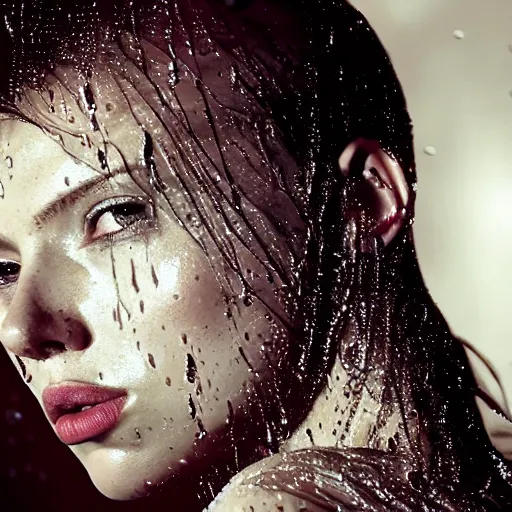 Prompt: close up of face of a wet fashion model scarlet johansson in luxury dress, heavy rain, dramatic lighting, official dior editorial, highly detailed