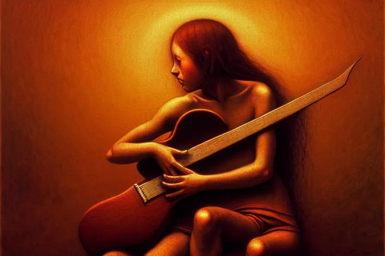 Prompt: the girl plays the guitar, in the style of beksinski, in the style of piotr jabłonski, futuristic dystrophia, intricate and epic composition, brown by caravaggio, insanely quality, highly detailed, masterpiece, brown light, artstation, 4 k