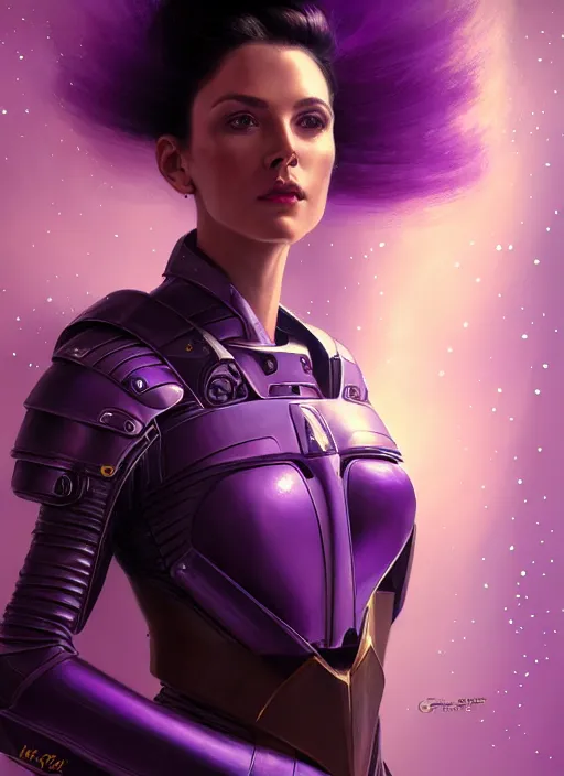Image similar to close up, beautiful portrait of a woman in purple leather future armor with a long black ponytail, with space and stars around her, spaceship hallway, intricate, elegant, mood lighting, highly detailed, digital painting, artstation, concept art, smooth, sharp focus, illustration, art by wlop, mars ravelo and greg rutkowski