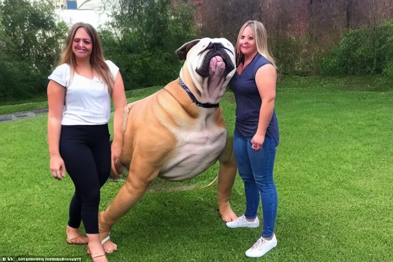 Prompt: a female person standing next to a giant bulldog and the bulldog is five times taller then the person