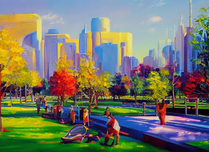 Image similar to bright beautiful oil painting of a futuristic city park by Tatyana Yablonskaya