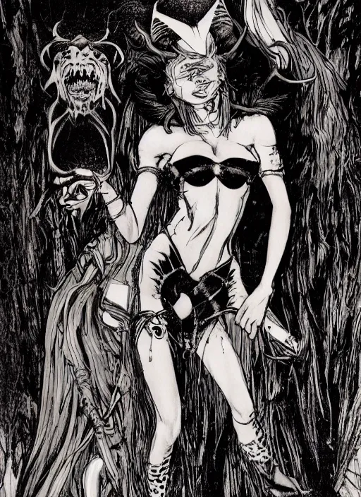 Image similar to a vampire sabertoothed-catgirl with hair and clothes made of living tar, femme fatale, hollywood starlet, villainess as a D&D monster, full body, pen-and-ink illustration, etching, by Russ Nicholson, DAvid A Trampier, larry elmore, 1981, HQ scan, intricate details, Monster Manula, Fiend Folio