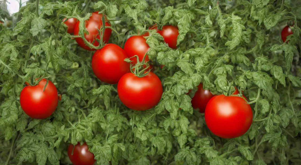 Prompt: a frighteningly red tomato, too red, glowing with an unearthly intensity, halos of light, led cybernetic tomatoes, magically glowing on the vine, haze, atmospheric lighting