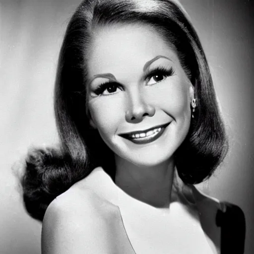 Prompt: a black and white photo of Mary Tyler Moore in her younger days while on the famous TV show she was on in the 60's.