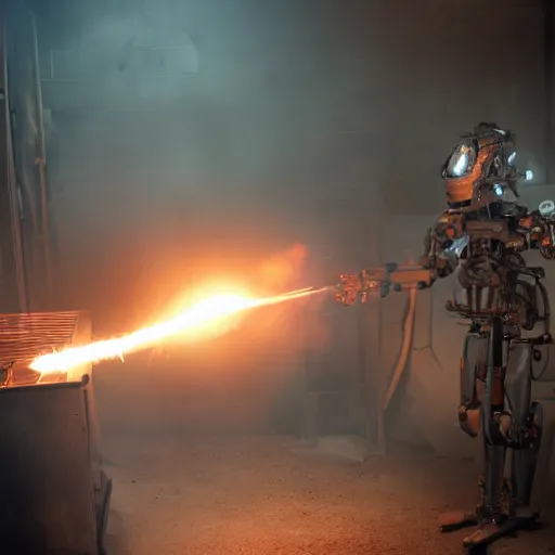 Image similar to cyborg with toaster oven chest, dark messy smoke - filled cluttered workshop, dark, dramatic lighting, orange tint, sparks, cinematic, highly detailed, sci - fi, futuristic, movie still