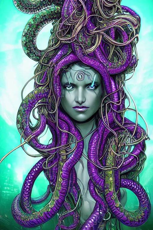 Prompt: Perfectly-centered Hyperdetailed cinematic RPG portrait-illustration of a beautiful Aetherpunk Lovecraftian Medusa with symmetrical features, style of a comic-book cover, awesome pose wearing a modest cyberpunk outfit and long ravepunk snakes as hair, standing next to tall bio-luminiscent skyscrapers. Professional post-processing and HDR digital airbrush painting, arthouse, cosmic horror, surreal otherworldly mood, award winning picture, trending on Gsociety and ArtstationHQ, neon-noir background, glowing rich colors, 8K, 3D rim light, 3d final render, 3d shading, unreal 5, octane render, iridiscent accents, psychedelic highlights and overtones, dramatic shadows, dynamic and atmospheric lighting, anamorphic lens, sharp focus