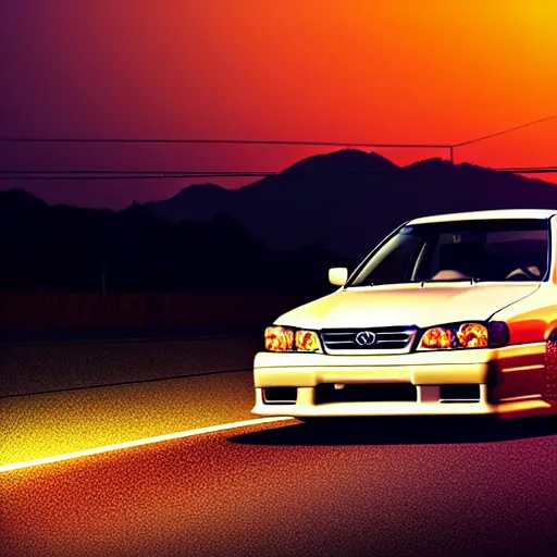 Image similar to a car Toyota JZX100 in middle of road, gunma prefecture, city sunset, cinematic color, photorealistic, highly detailed, bokeh