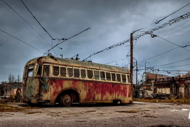 Image similar to low wide angle shot of dilapidated fallout 5 europa, temperate european hamlet, desolate, dilapidated neon signs, few rusted retro futuristic vintage parked vehicles like cars, buses, trucks, trams, volumetric lighting, photorealistic, daytime, autumn, sunny weather, sharp focus, ultra detailed, 4 0 0 0 k
