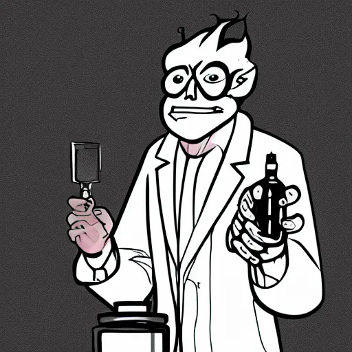 Prompt: The Trollface as an evil scientist holding a vial of oil, full body portrait, labcoat, black and white illustration