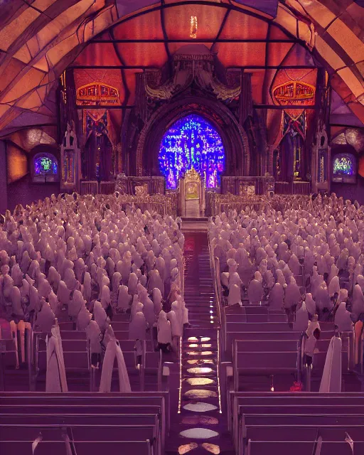 Prompt: unreal engine 5 render of a crowd in a futuristic church by craig mullins and ghibli, strong contrast, priest, pews, ethereal, inviting, bright, raking light from stained glass windows, hyper realism, realistic shading, cinematic composition, blender render, octane render, hdr, detailed textures, photorealistic, wide shot