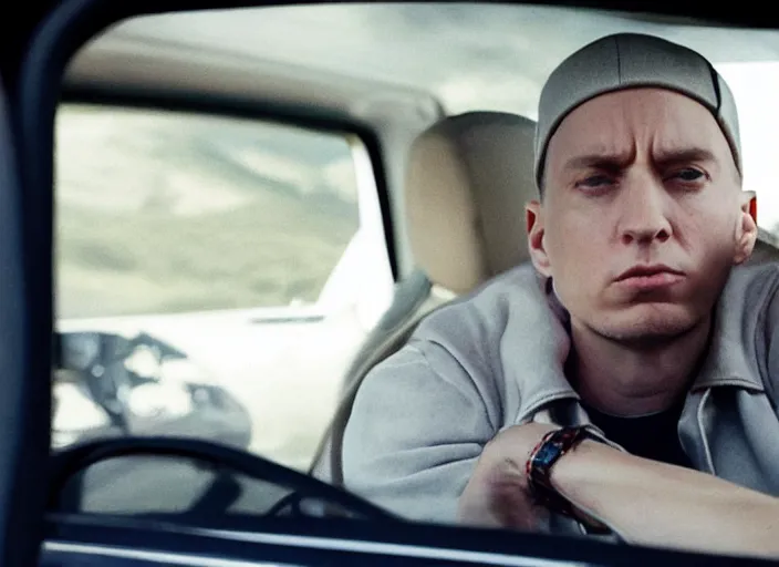 Image similar to a very high resolution image from a new movie, eminem in a car car. inside of a car. alone. mountains, directed by wes anderson