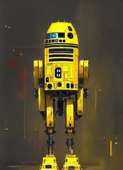 Prompt: tall strong intricate yellow pit droid, painterly mecha, by Greg Rutkowski