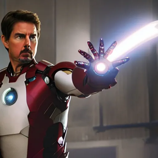 Image similar to tom cruise as iron man, cinematic lighting, 8k, marvel movie,