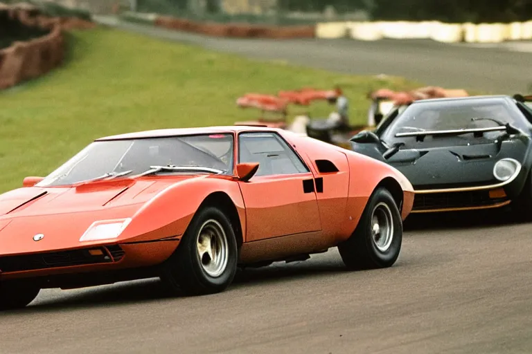 Prompt: vintage race footage of a single 1965 De Tomaso Pantera, with elements of the F40, Lotus, BMW M1, GT40 and Countach, movie still, speed, cinematic Eastman 5384 film