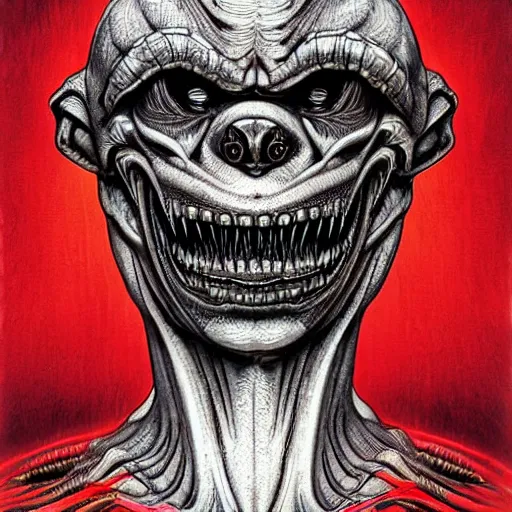 Prompt: space alien, slimy, glossy, sharp teeth, by h. r. giger, nightmare fuel, nightmarish, intricate, highly detailed, optical illusion, stranger things demogorgon