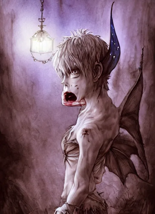 Image similar to portrait, undead peter pan with evil tinkerbell, watercolor, dramatic lighting, cinematic, establishing shot, extremly high detail, foto realistic, cinematic lighting, pen and ink, intricate line drawings, by Yoshitaka Amano, Ruan Jia, Kentaro Miura, Artgerm, post processed, concept art, artstation, matte painting, style by eddie mendoza, raphael lacoste, alex ross