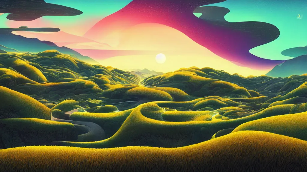 Image similar to digital painting of a lush sinuous river valley by. river. sunset. no mans sky. chiho aoshima. digital render. detailed. beautiful landscape.