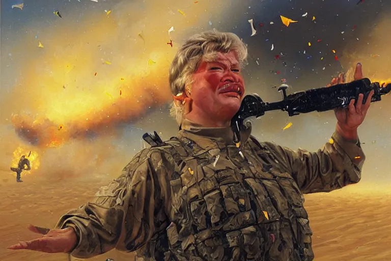 Prompt: portrait of rip taylor throwing confetti during desert storm war, an oil painting by ross tran and thomas kincade
