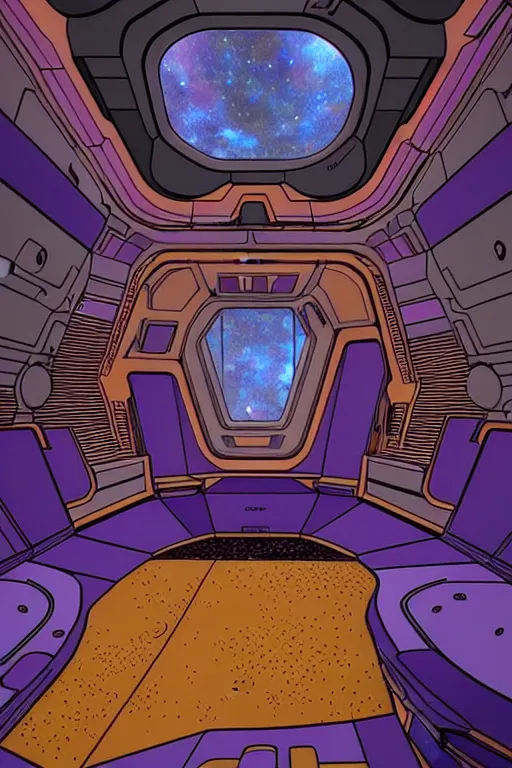 Image similar to a space ship interior det design in a world inspired by jean giraud moebius and geoff darrow