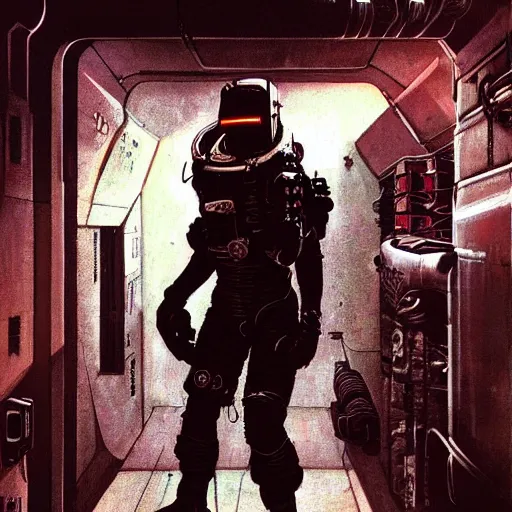 Image similar to Cyberpunk Dead Space themed Astronaut stepping out of an airlock, detailed illustration, Industrial Scifi, by Frank Frazetta and Martin Grip