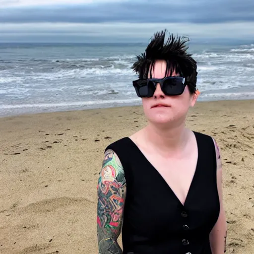 Image similar to Tomboy in a punk business suit at the beach