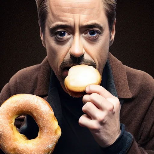 Image similar to Robert Downy Jr. eating a donut, 4k