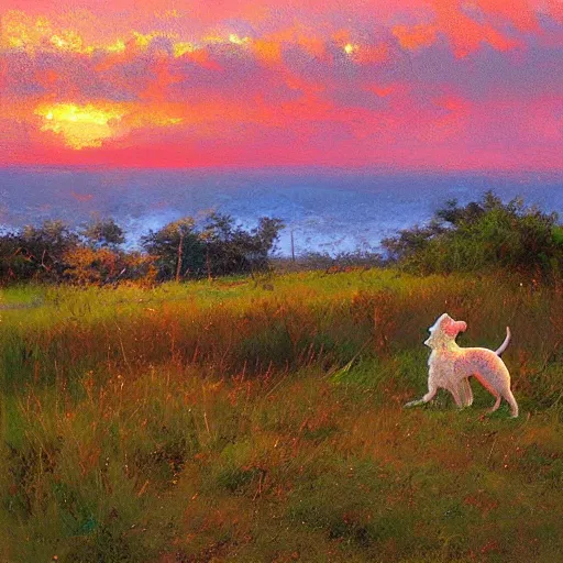 Image similar to a dog watching a beautiful sunset, paint by craig mullins