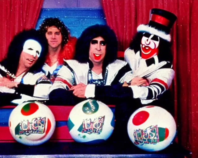 Image similar to 8 0's christmas special, featuring frosty the snowman, the band kiss, and the harlem globe trotters, frame from vhs tape