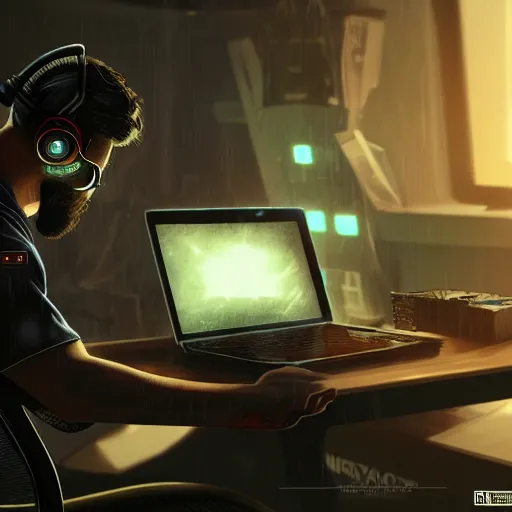 Prompt: realistic successful man typing on laptop in gaming room, artstation trends, cyberpunk concept art, highly detailed, intricate, sharp focus, digital art, 8 k