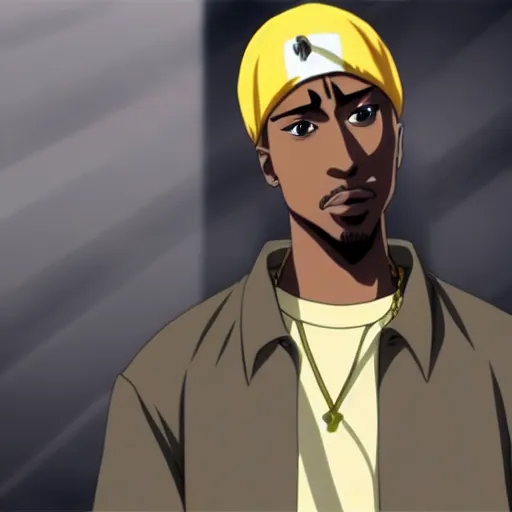 Image similar to Tupac Shakur, screenshot from a 2012s anime, anime