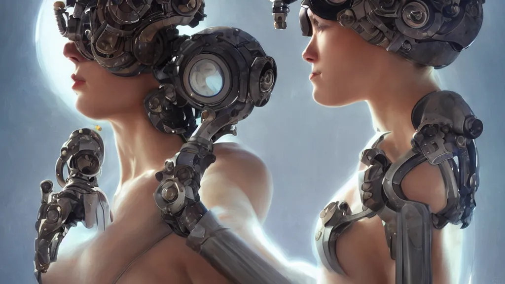 Image similar to modern elegant female cyborg greek goddess, futuristic goggles, space opera, feminine, powerful, beautiful, upper body, muscular, armour, highly detailed, digital painting, ghibli animated film, volumetric lighting, octane render, artstation, concept art, smooth, sharp focus, illustration, by gaston bussiere, mucha, gerome, craig mullins, greg rutkowski,