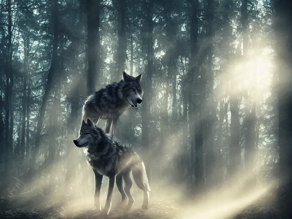 Prompt: a wolf with a space lantern on its mouth travelling through a dark, gloomy forest, zaba style, cinematic, sunbeams, detailed, hq, trending on artstation, wide shot, dramatic lighting