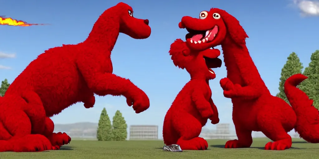 Image similar to clifford the big red dog fighting godzilla