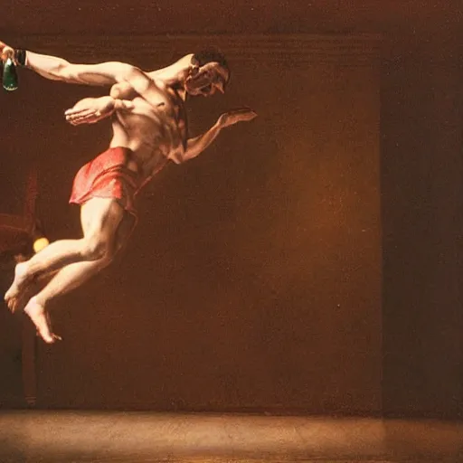 Prompt: a man boisterously dancing around the room by himself holding a single empty bottle as he jumps in the air, fine detail, dramatic lighting, award-winning photo UHD, 4K, by (Leonardo da Vinci)