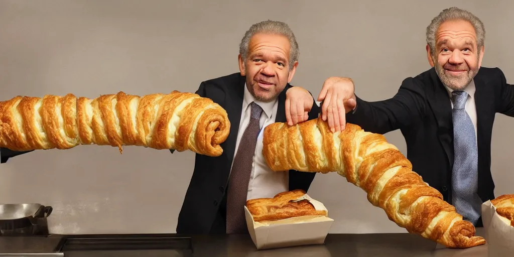 Prompt: long arms. really long arms. very long arms, arms. alan sugar with really long arms holding some pastry pets. long arms. stretched limbs. pastry sheep, pastry lizard