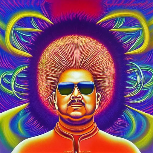 Image similar to 8 0 s new age album cover depicting a mushroom cloud in the shape of guy fieri, very peaceful mood, oil on canvas by alex grey