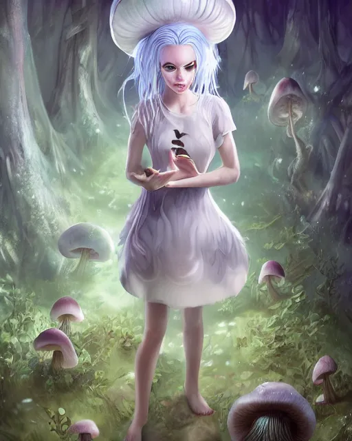 Image similar to girl with white hair and mushroom dress, fantasy swamp, bizarre, illustration, scifi, radiant, beautiful, atmosphere, harmony, top lighting, blue eyes, focused, perfect composition, artstation, highly detailed, art by yuhong ding and chengwei pan and serafleur and ina wong