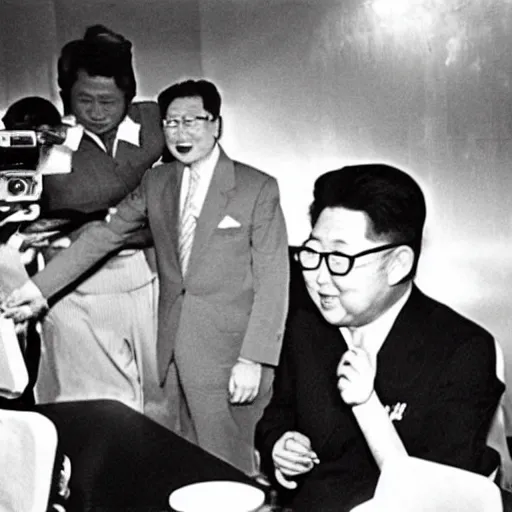 Prompt: rare vintage footage of a Kaiju Starfish monster overshadowing Kim Jong-il, obscured underexposed view