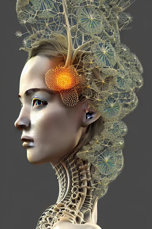 Image similar to intricate hyper detailed ultra sharp 3 d render of a beautiful porcelain biomechanical woman profile portrait, large pore fungi embroidered, cyberpunk art nouveau, haute couture alexander mcqueen leaves stems dahlia transparent fractal dandelion yellow pistil filigree roots, octane render, volumetric cinematic lighting, 8 k post - production