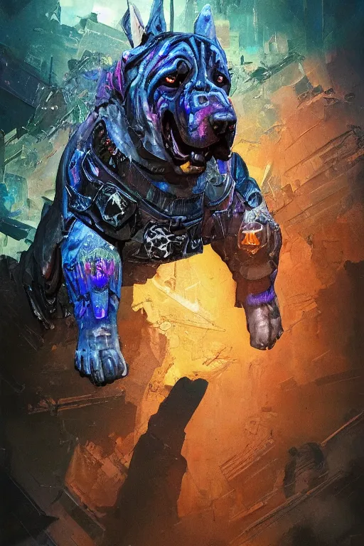 Image similar to inkacid shadow mastiff, painted by erol otus and david thierree and dan adkins and john berkey, trending on artstation, volumetric lighting macro view muted colors, iridescent colors, dark academia, symbolism, brushwork