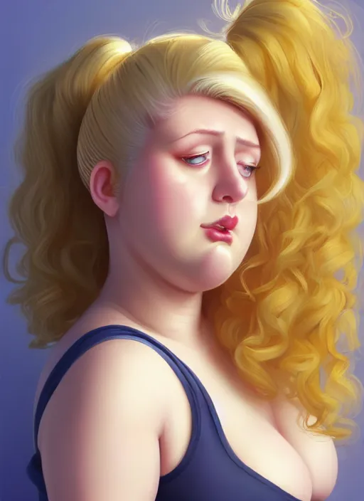 Image similar to full body teenage betty cooper, blonde hair, obese, bangs, ponytail, sultry, realistic, sultry smirk, ponytail, fluffy bangs, curly bangs, fat, belly, beautiful girl, intricate, elegant, highly detailed, digital painting, artstation, concept art, smooth, sharp focus, illustration, art by wlop, mars ravelo and greg rutkowski