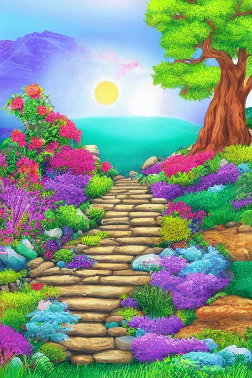 Prompt: stone steps fantasy landscape by lisa frank