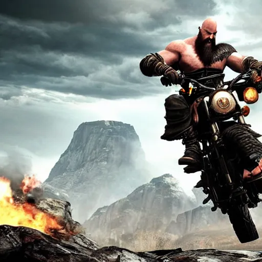 Prompt: kratos, with leviathan axe, jumping a black harley - davidson motorcycle off a cliff, cinematic render, playstation studios official media, god of war 2 0 1 8, flames