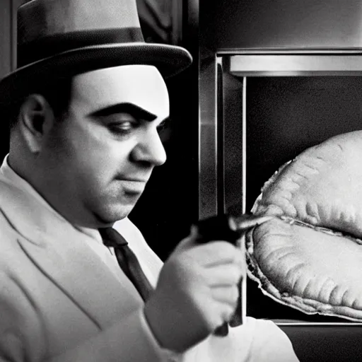 Image similar to al capone as a calzone being turned into a calzone as a calzone but still with the face of al capone being baked in an oven as a calzone, realistic, hyperrealistic, ultra realistic, real, real world, highly detailed, very detailed, extremely detailed, intricate details, 8 k resolution, hd quality