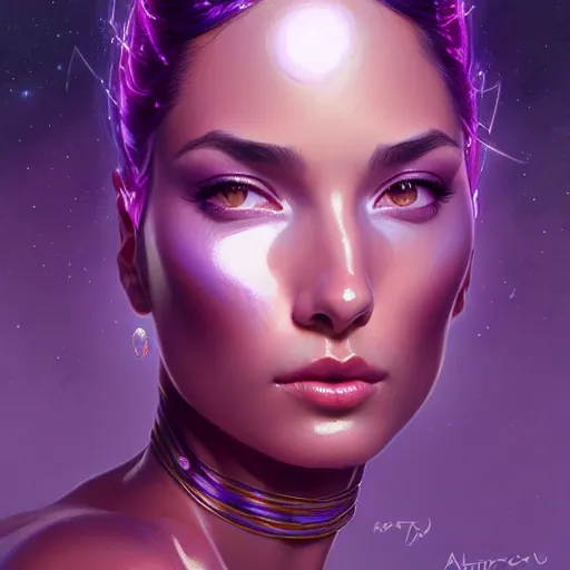 Image similar to Portrait of very very very very very very beautiful Latina woman, spacesuit, purple eyes, intricate, elegant, highly detailed, digital painting, artstation, concept art, smooth, sharp focus, illustration, art by artgerm and greg rutkowski and alphonse mucha