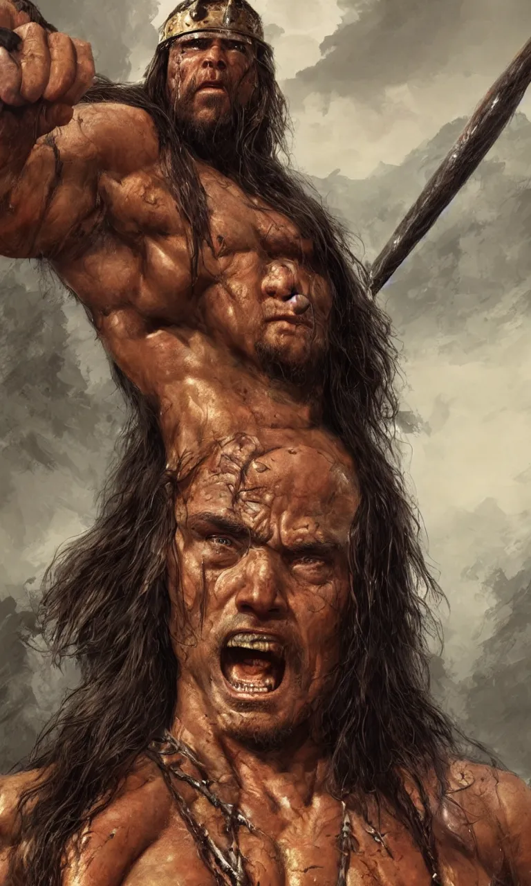 Image similar to hyper realistic digital painting of arnold swartzeneger as conan the barbarian by simon bisley and greg rutkowski, vivid color scheme, unreal engine 5