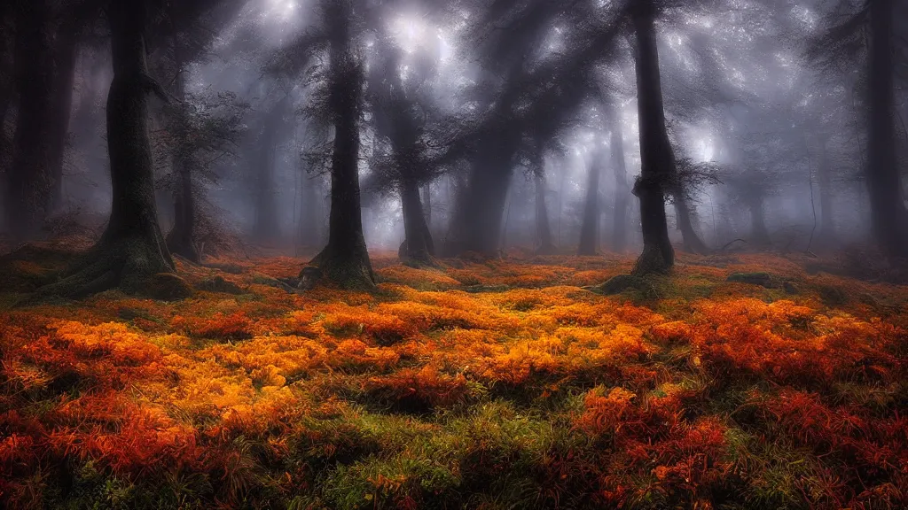 Image similar to amazing landscape photo of a forest of mushrooms by marc adamus, beautiful dramatic lighting