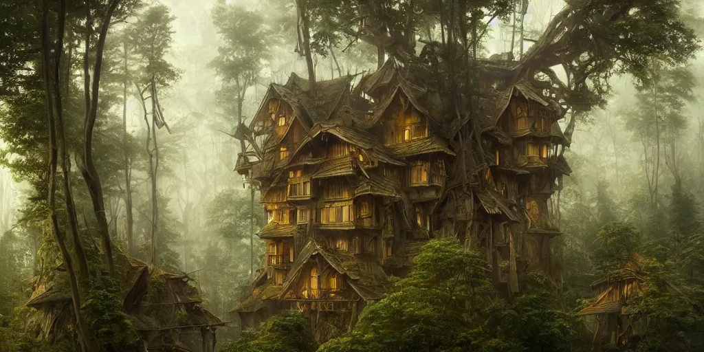 Image similar to a suspended village built with wood and bridges high up a dense forest with many giant tall and large trees, ultra detailed, concept art, game art, matte painting, by tomasz alen kopera and peter mohrbacher, and michel - ange, artstation 8 k, greg rutkwowski, alphonse mucha, studio ghibli, wlop