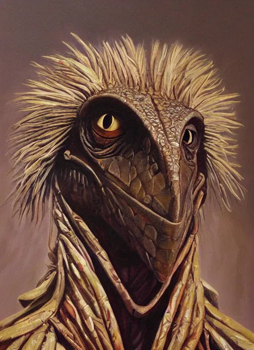 Image similar to oil painting portrait of chamberlain the skeksis from dark crystal ( 1 9 8 2 )