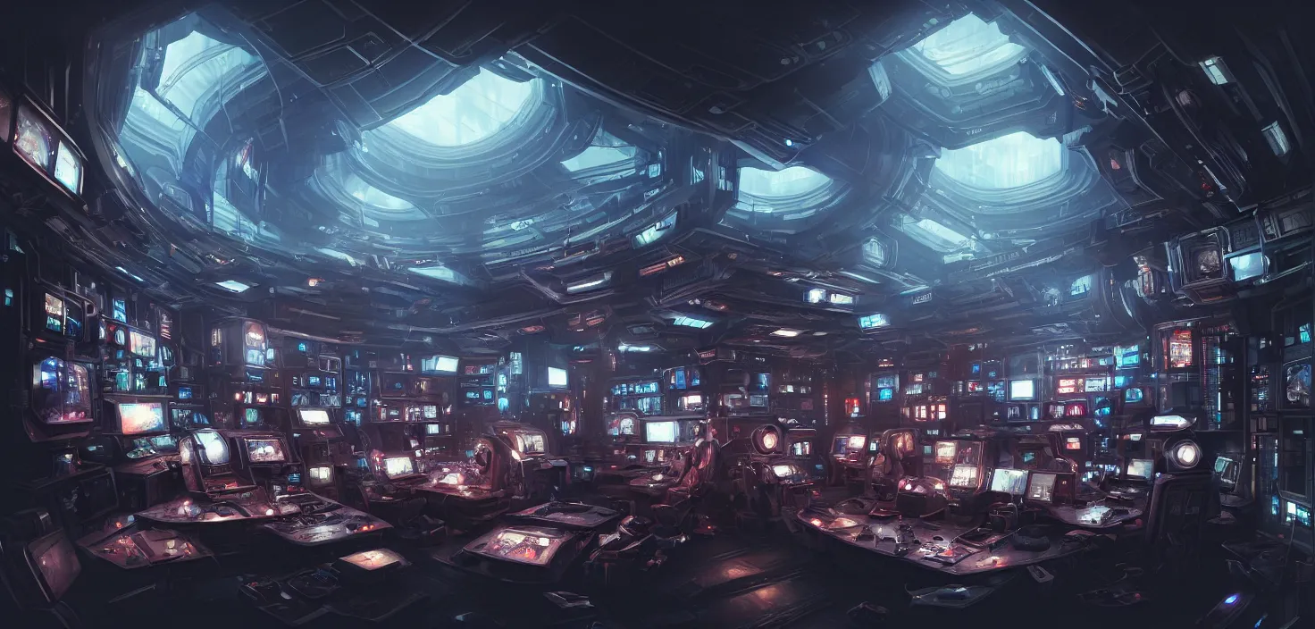 Image similar to a hyper detailed octane render concept art by xision wu, kerem beyit, sandara tang portrait of cyberpunk panel control spaceship room, dim lighting, detailed portraits, unreal engine 5, highly rendered, digital painting, hyper realistic, photo realistic, artstation, concept art, smooth, sharp focus perfect horizontal, symmetry illustration, detailed and intricate environment artstation hq